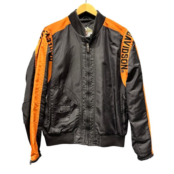Harley-Davidson Other - Harley-Davidson Jacket Mens Medium Nylon Moto Bomber Black Orange Full Zip VTG